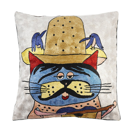 Hand Embroidered Cushion Cover - Cat