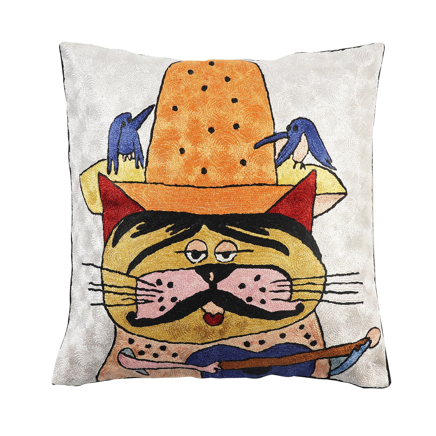 Hand Embroidered Cushion Cover - Cat