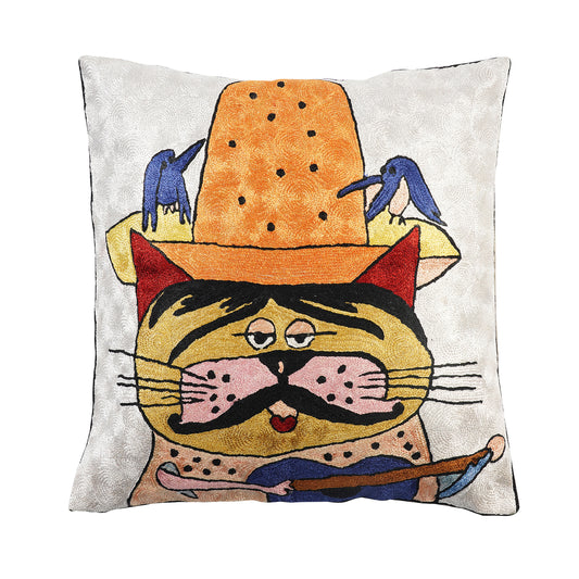 Hand Embroidered Cushion Cover - Cat