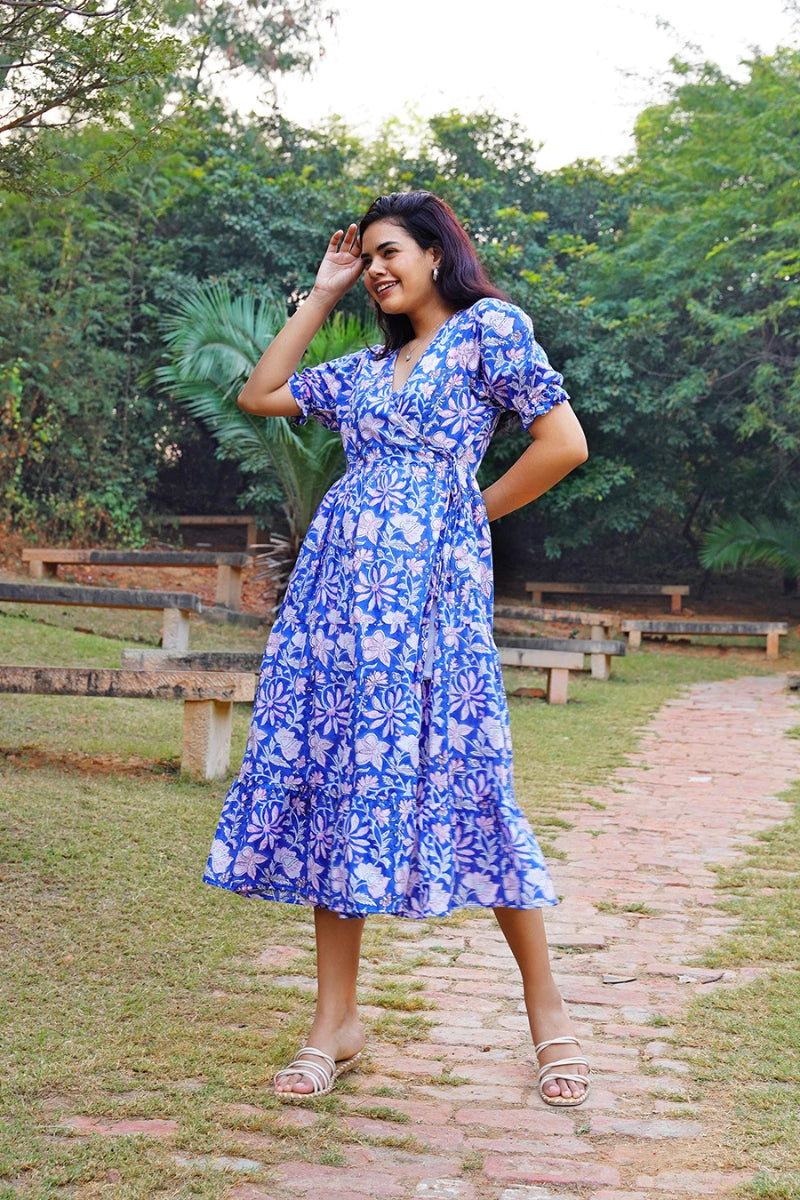 Midnight Bloom Wrap Midi Cotton Dress