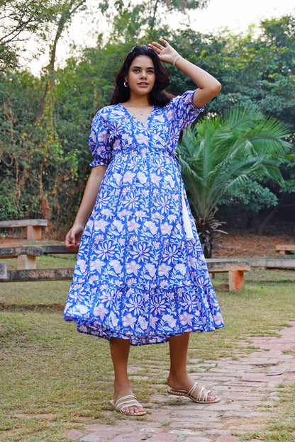 Midnight Bloom Wrap Midi Cotton Dress