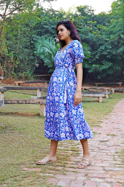 Midnight Bloom Wrap Midi Cotton Dress