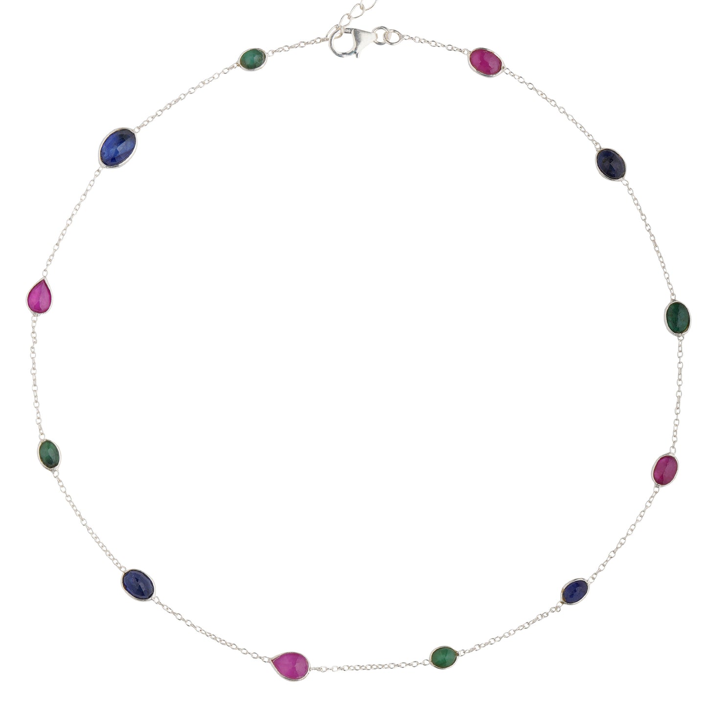 925 Sterling Silver Necklace - Ruby Emerald and Sapphire Stones