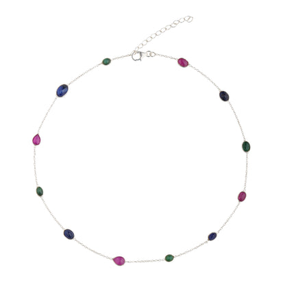 925 Sterling Silver Necklace - Ruby Emerald and Sapphire Stones