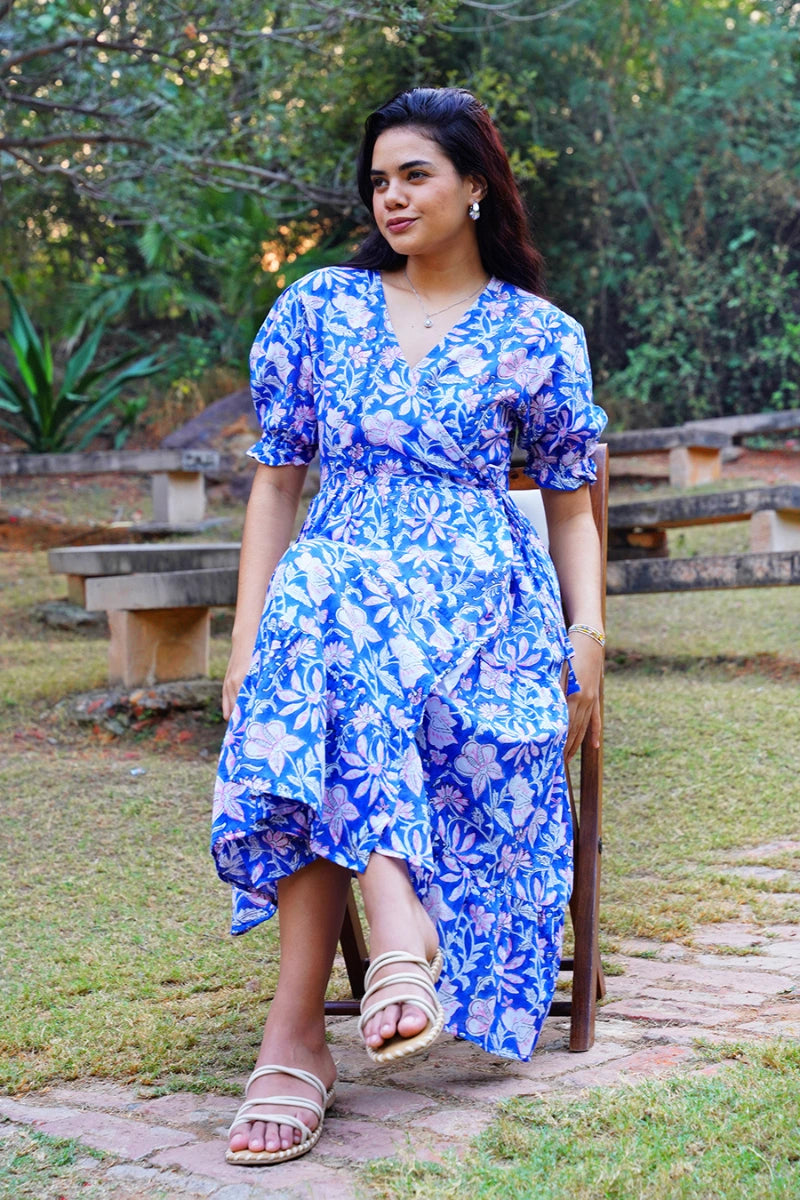 Midnight Bloom Wrap Midi Cotton Dress